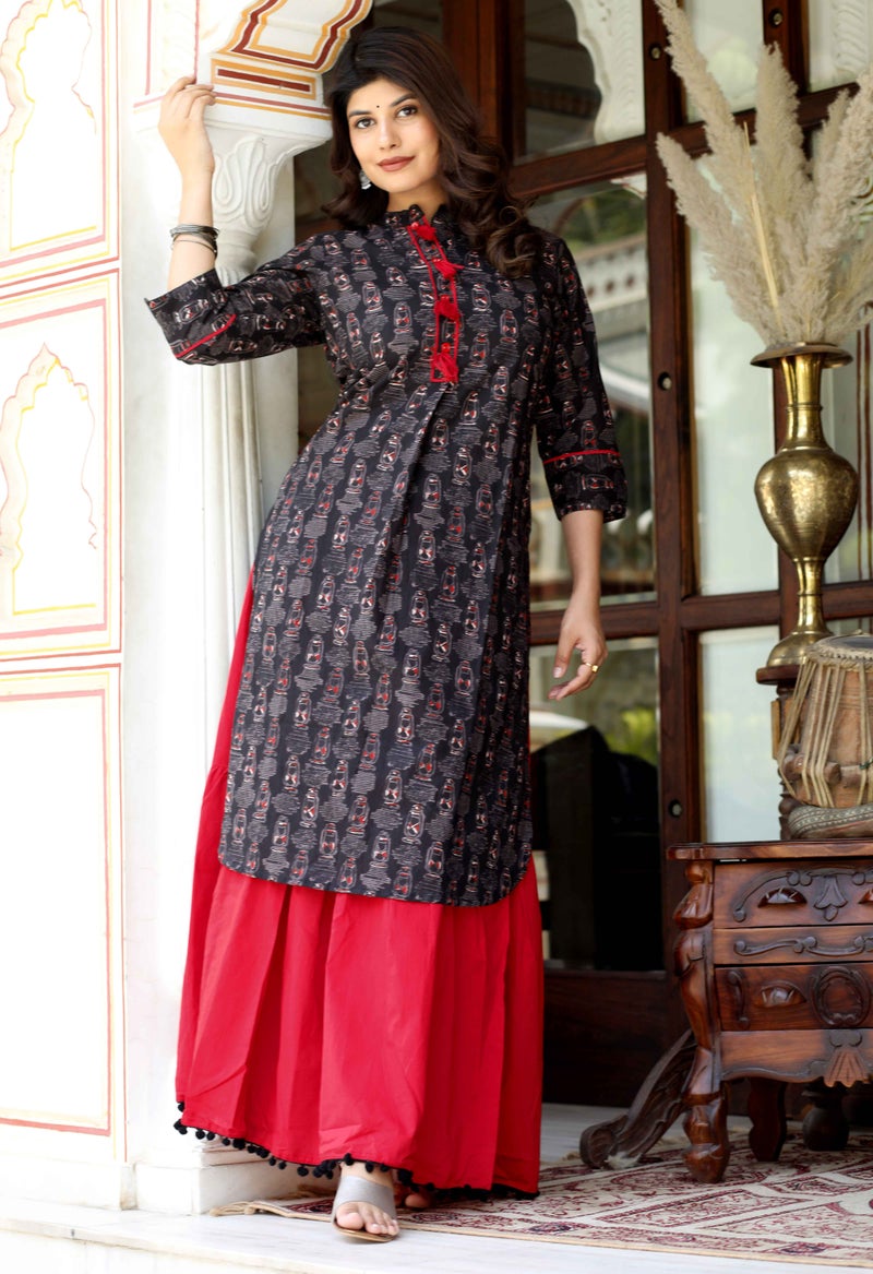 Miravan Black Printed Kurta with Red Skirt Set for Women - Image 5